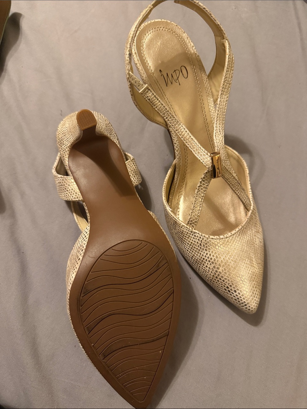 OPI Women’s Metallic Gold Snake-Texture Slingback Pointed Heels